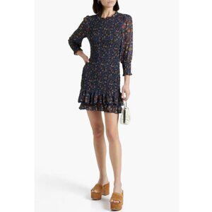 Veronica Beard Navy Multicolor Floral Ruffle Mini Dress